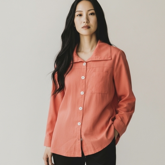 Soft Surroundings Tencel Tunic Casual Orange Long Sleeve Shell Button Up Sz M - Picture 10 of 10